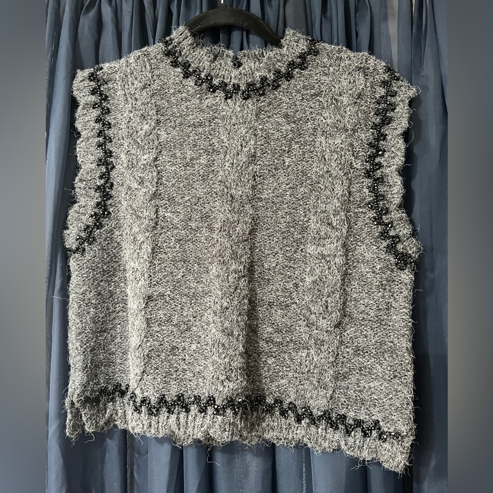 Zara Gray Beaded Knit Crewneck Sweater Vest with Black Trim